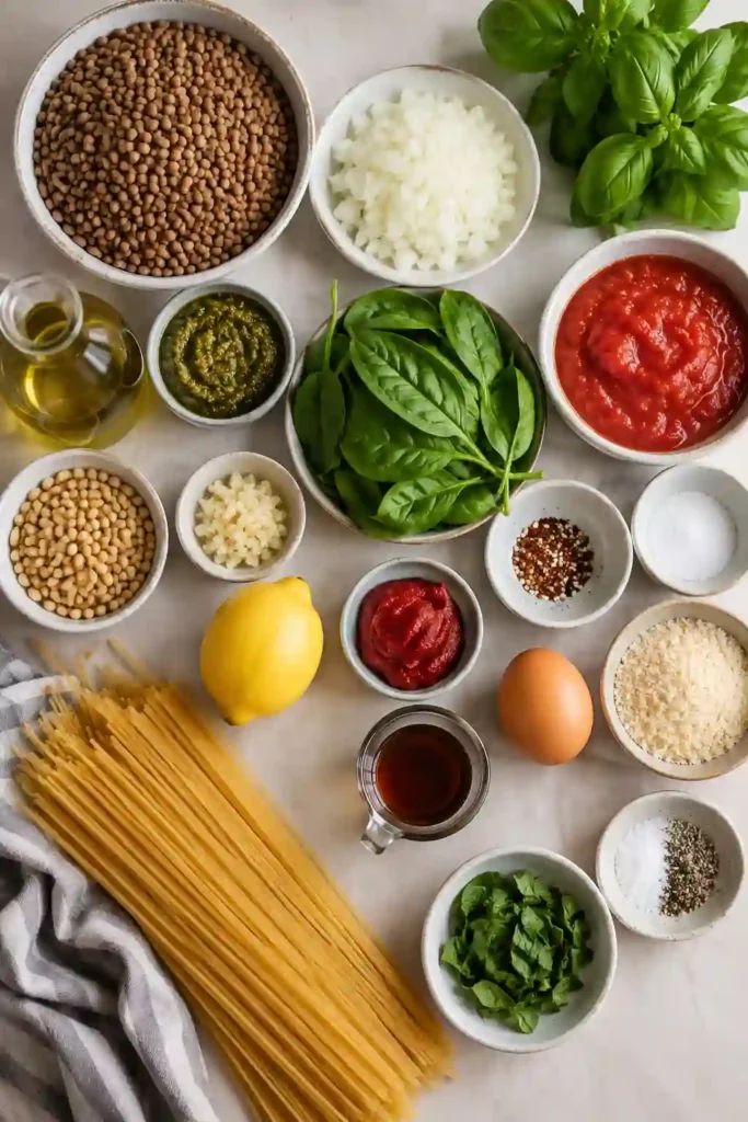 Italian Veggie Balls with homemade tomato sauce arranged over a bed of spaghetti. A healthy vegetarian dinner featuring lentils, herbs, and fresh basil.