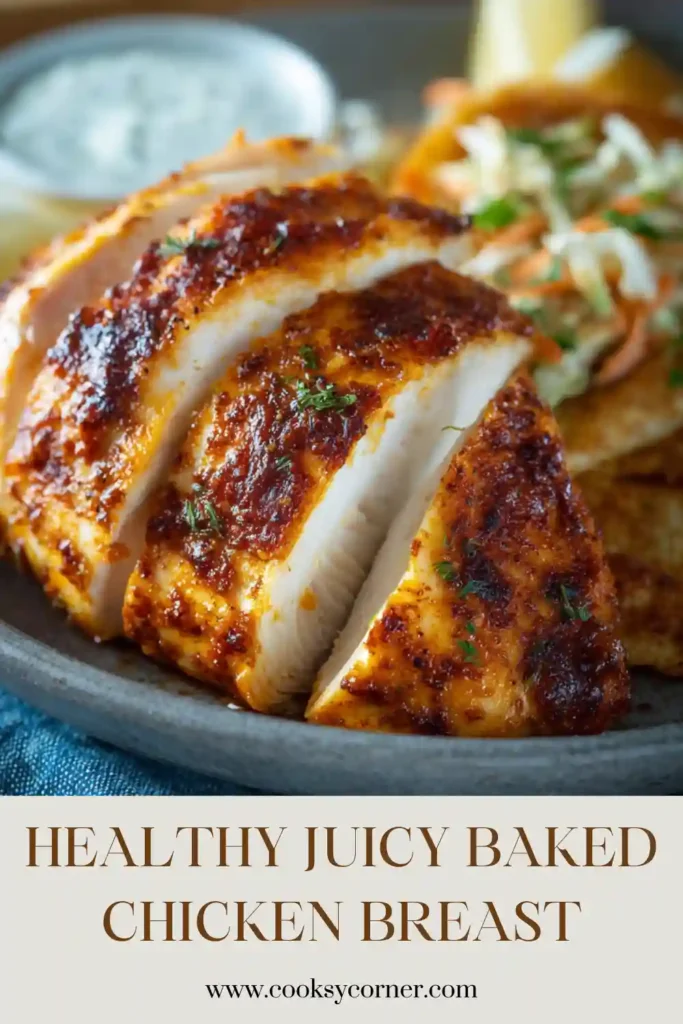 Tender oven baked chicken breast served alongside coleslaw and potato wedges. The chicken has a lightly golden exterior and juicy interior.
