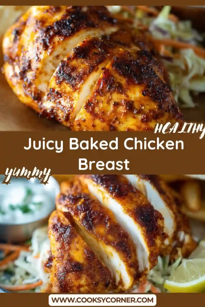Close-up of sliced baked chicken breast coated in savory pan juices. This easy chicken breast recipe showcases moist, flavorful meat.