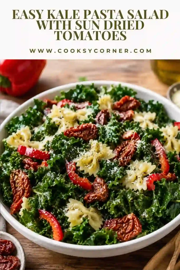 Close-up of Kale Pasta Salad with Sun-Dried Tomatoes and homemade vinaigrette.