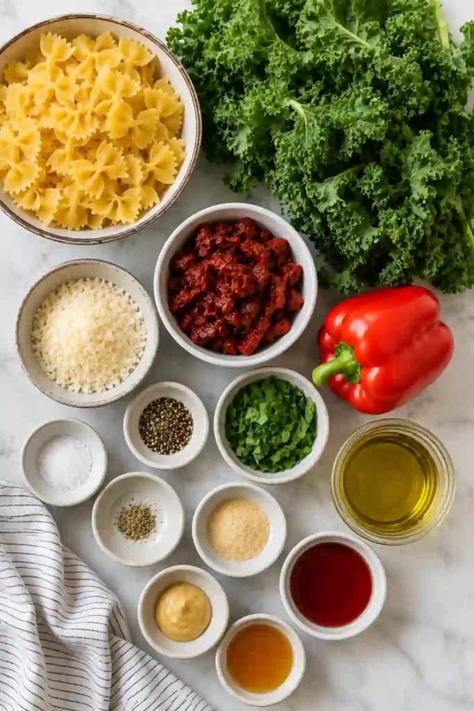 Kale Pasta Salad with Sun-Dried Tomatoes arranged in a serving bowl for lunch or dinner.