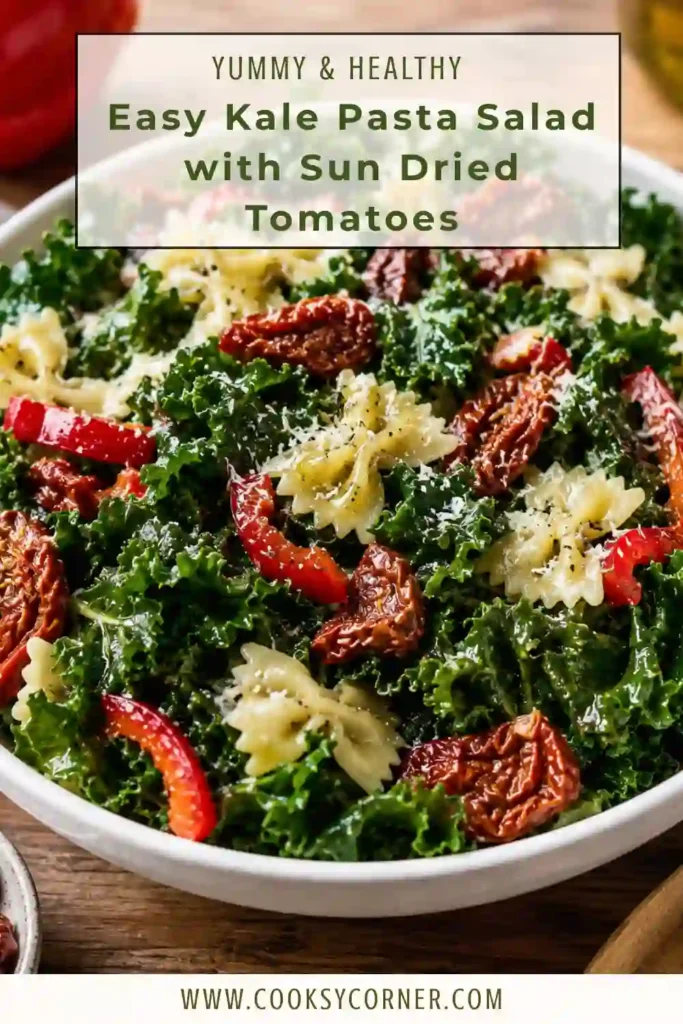 Healthy kale pasta salad served cold with Parmesan cheese and basil garnish.