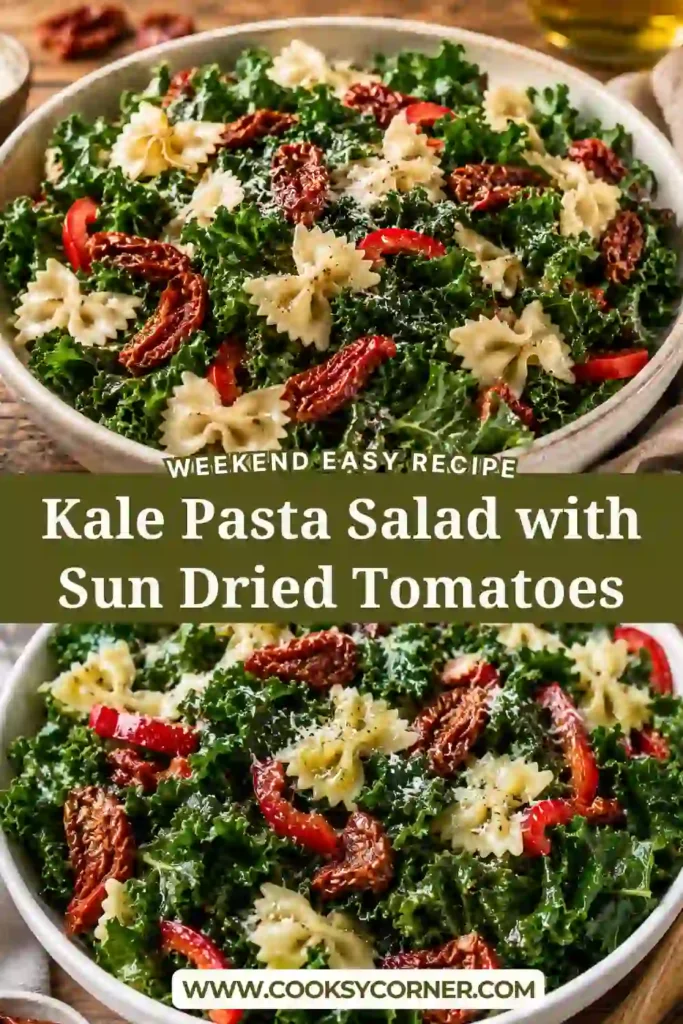 A bowl of Kale Pasta Salad with Sun-Dried Tomatoes featuring curly kale, pasta, red peppers, and Parmesan cheese tossed in red wine vinaigrette.