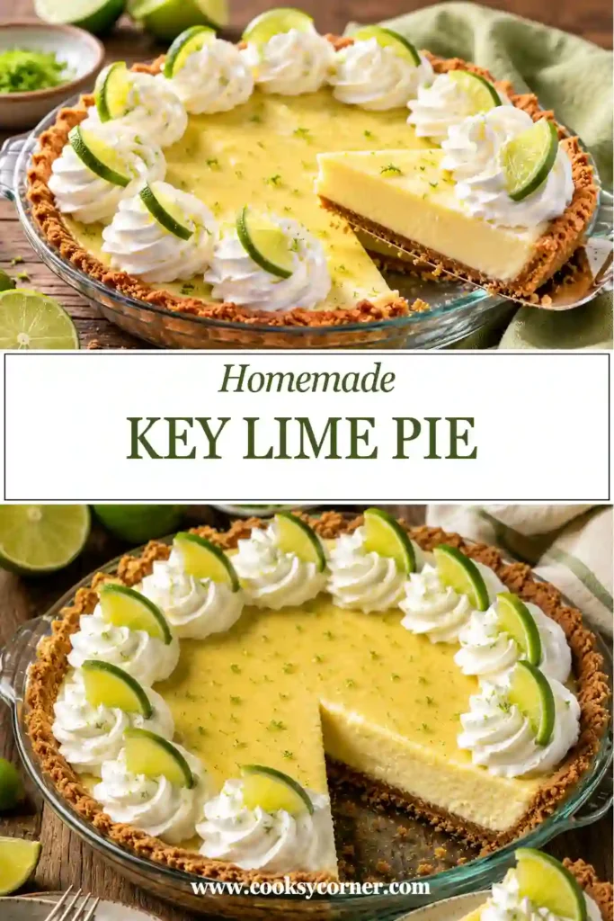Freshly baked homemade key lime pie garnished with lime slices and whipped cream. The pie showcases a smooth filling and crisp graham cracker crust.