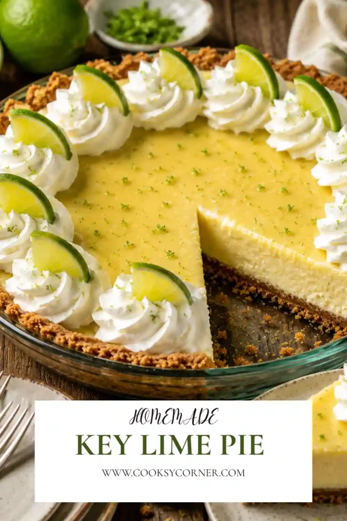 Whole key lime pie with decorative lime wedges and toasted macadamia nuts arranged on top. The dessert has a creamy center and golden crust.