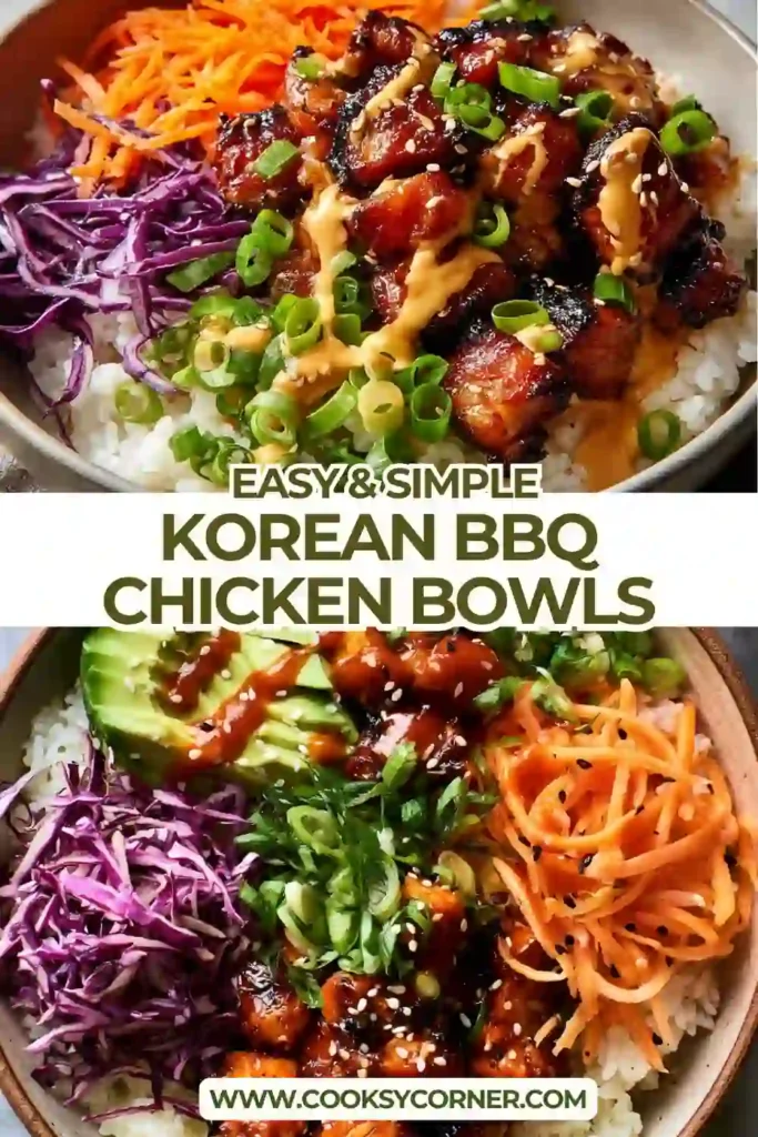 Tender Korean BBQ chicken served over steamed rice with shredded carrots, cucumber slices, edamame, and green onions. This easy Korean chicken bowl is perfect for meal prep and weeknight dinners.