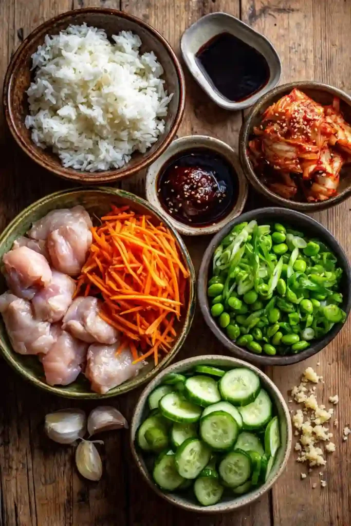 Close-up of Korean BBQ Chicken Bowls with glazed chicken, rice, kimchi, and crunchy vegetables. This easy chicken rice bowl delivers bold sweet and spicy flavors.