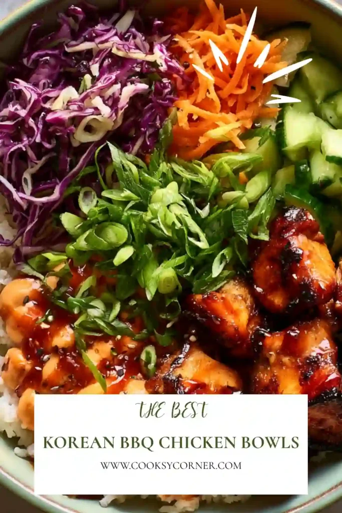 Homemade Korean BBQ Chicken Bowls featuring juicy marinated chicken and fresh vegetables arranged over warm rice. A healthy and flavorful Korean-inspired dinner recipe.
