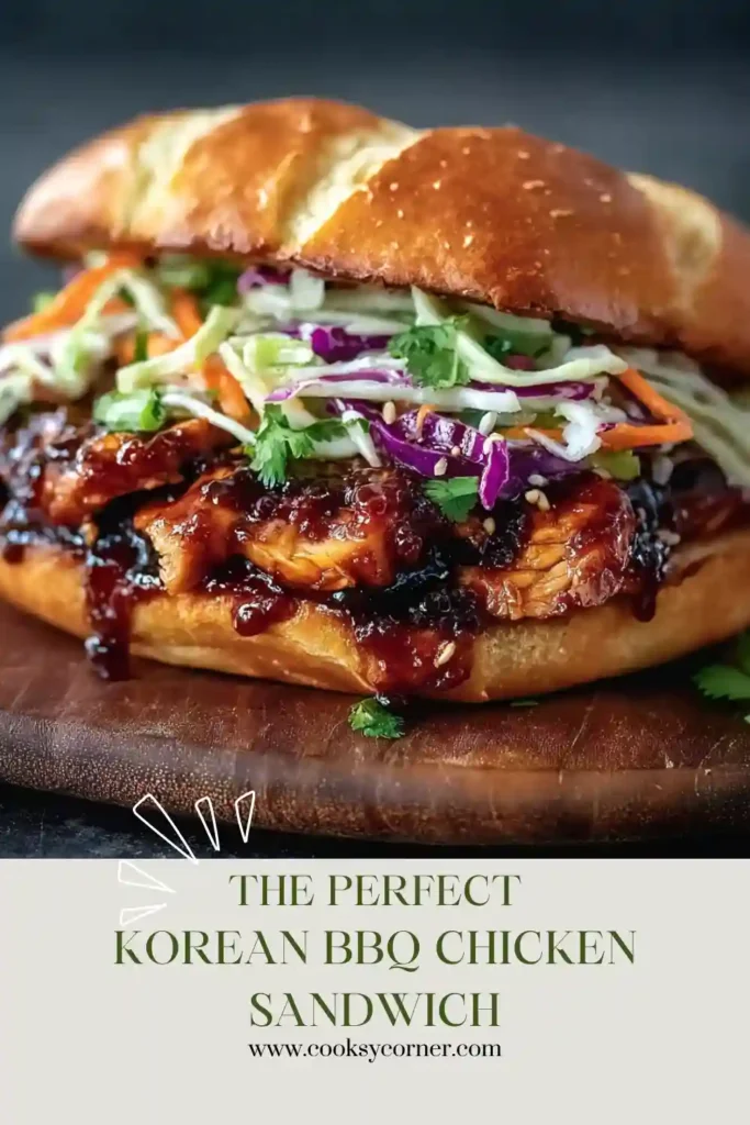 Homemade Korean BBQ Chicken Sandwich with spicy gochujang glaze and fresh cabbage slaw. A flavorful sandwich served warm on a soft brioche bun.