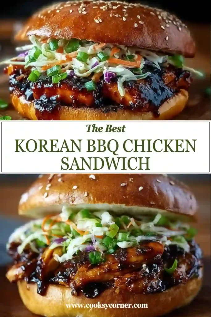 Close-up of a Korean chicken sandwich featuring caramelized BBQ chicken, creamy cabbage slaw, and a golden toasted bun. Perfect for lunch or dinner.