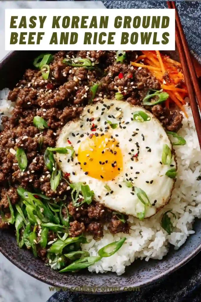Korean Ground Beef and Rice Bowls topped with green onions and sesame seeds.