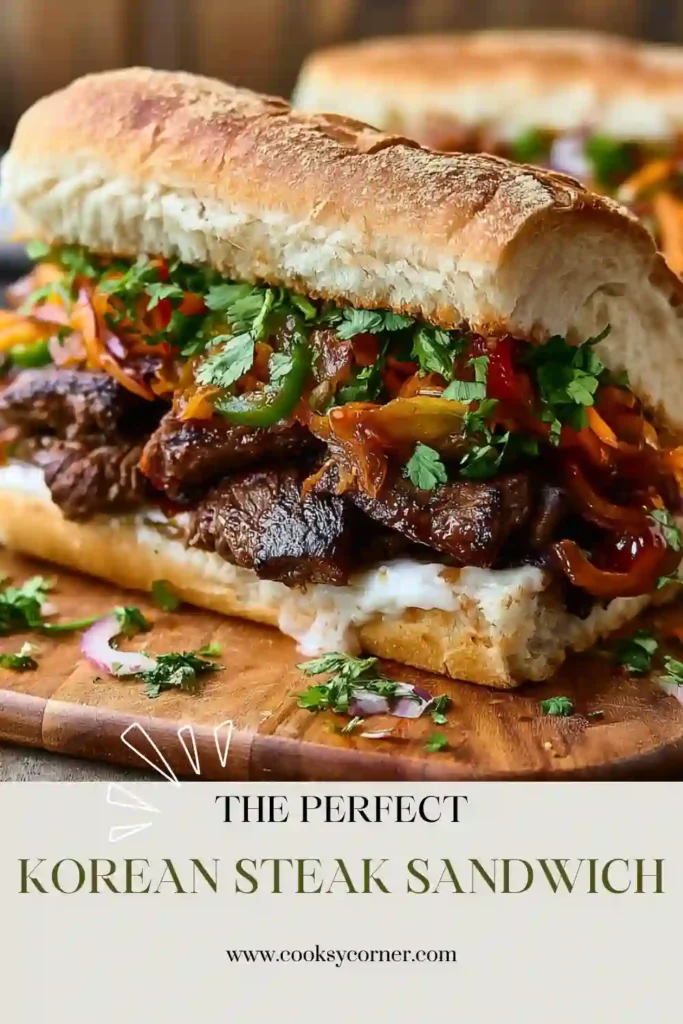 A Korean Steak Sandwich filled with thinly sliced marinated ribeye steak, melted cheddar cheese, bell peppers, and fresh onions. The sandwich is served on toasted artisan bread with sesame seeds sprinkled on top.