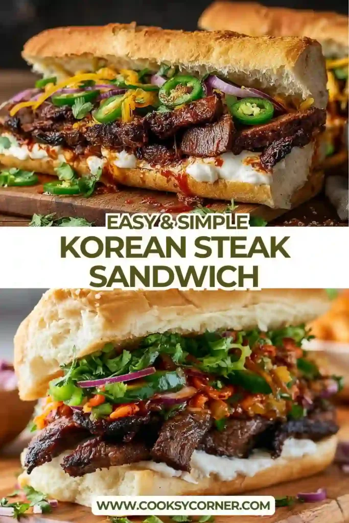 Close-up view of a Korean Steak Sandwich loaded with juicy gochujang-marinated steak and colorful vegetables. The toasted bread adds a crispy texture to this flavorful steak sandwich recipe.