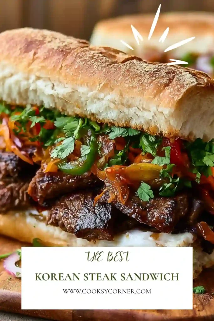 Homemade Korean Steak Sandwich featuring tender ribeye steak, cheddar cheese, jalapeños, and sweet chili garlic sauce. This hearty sandwich is perfect for lunch or dinner.