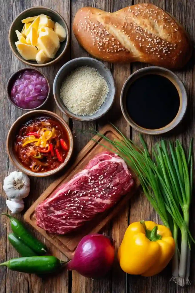 Golden toasted bread stuffed with Korean-style steak, sautéed peppers, and creamy sauce. A delicious Korean beef sandwich packed with bold flavors and satisfying textures.