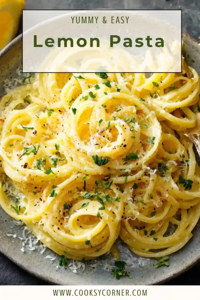 A bowl of Lemon Pasta topped with fresh parsley, Parmesan cheese, and lemon zest. The spaghetti is coated in a light, buttery lemon sauce.