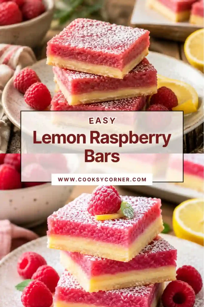 Fresh Lemon Raspberry Bars arranged on a serving platter with visible layers of buttery shortbread and vibrant raspberry lemon filling. The bars have a smooth texture and bright natural color.