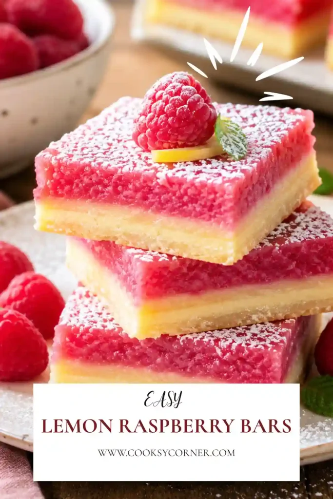 Homemade Lemon Raspberry Bars sliced into squares and chilled for serving. The dessert features a golden crust topped with a creamy raspberry lemon layer.