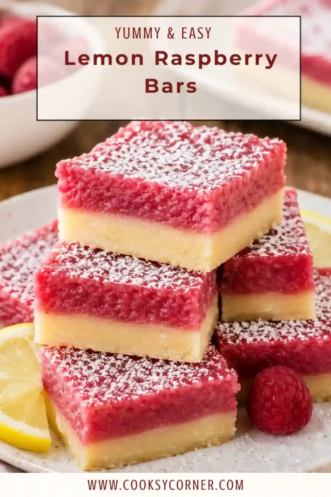 Close-up view of Lemon Raspberry Bars showing a thick citrus filling and buttery shortbread base. Fresh raspberries and lemon flavors shine in every bite.
