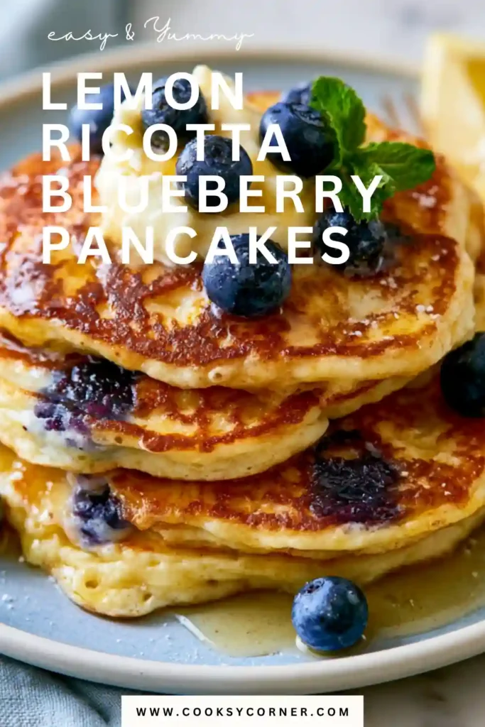 Golden blueberry pancakes made with ricotta cheese and fresh lemon zest. Finished with maple syrup and whipped honey butter for an indulgent breakfast.