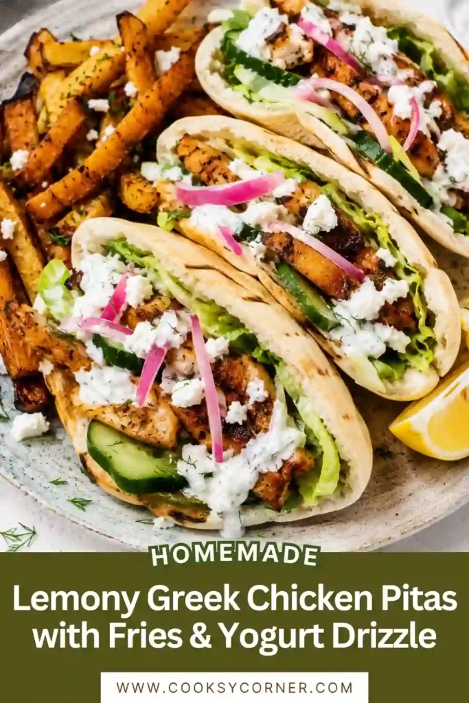 Fresh Greek chicken pita filled with roasted chicken, feta cheese, lettuce, cucumber, and homemade yogurt sauce. The sandwich is served with golden oven-roasted Greek fries.