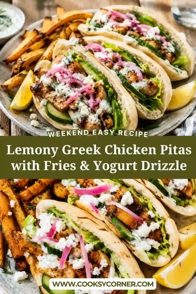 A warm pita stuffed with lemony Greek chicken, crispy oven-roasted fries, fresh cucumber, and creamy yogurt drizzle. This Mediterranean-inspired meal is colorful, fresh, and packed with flavor.