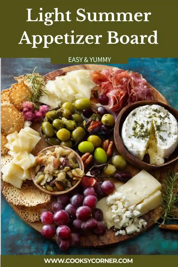 Summer fruit and cheese board arranged with olives, walnuts, and fresh grapes.
