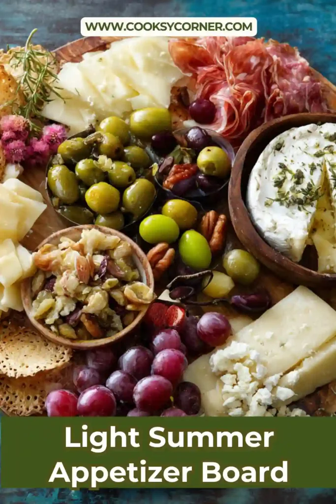Mediterranean appetizer board featuring cheese, grapes, stuffed grape leaves, and pita crackers.