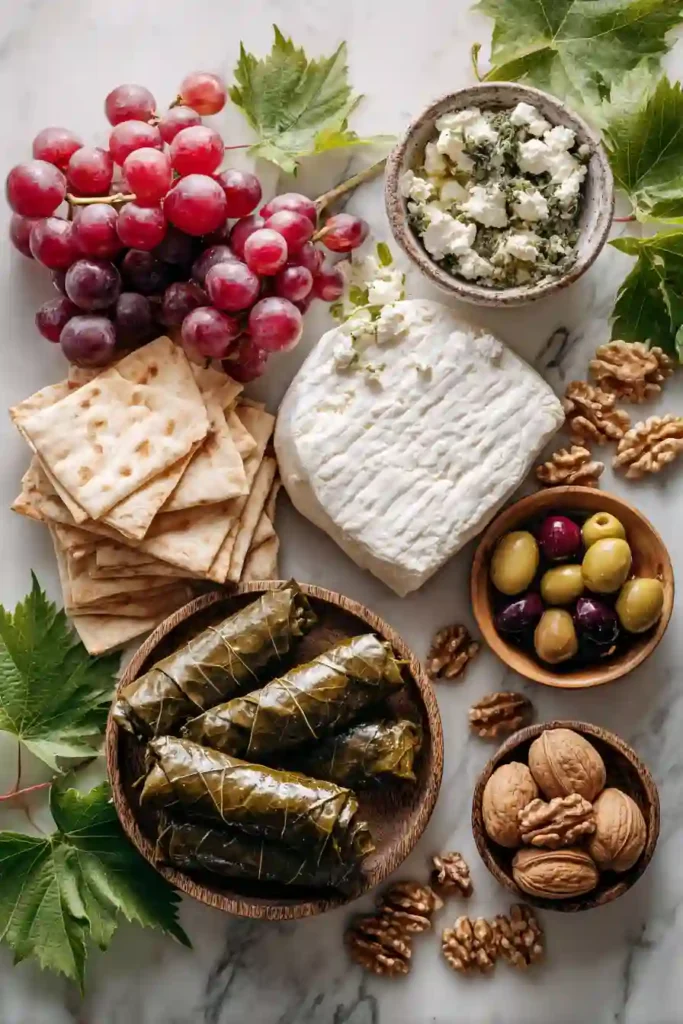 Easy appetizer platter with Mediterranean ingredients and fresh seasonal fruit.