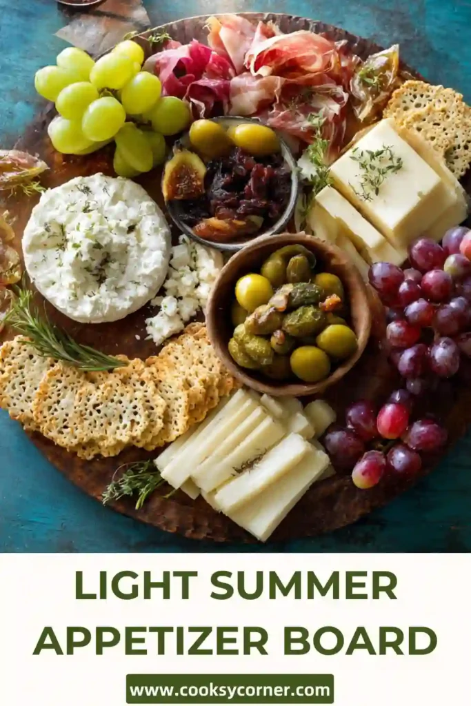 Light Summer Appetizer Board with feta, Camembert, grapes, olives, crackers, and walnuts.