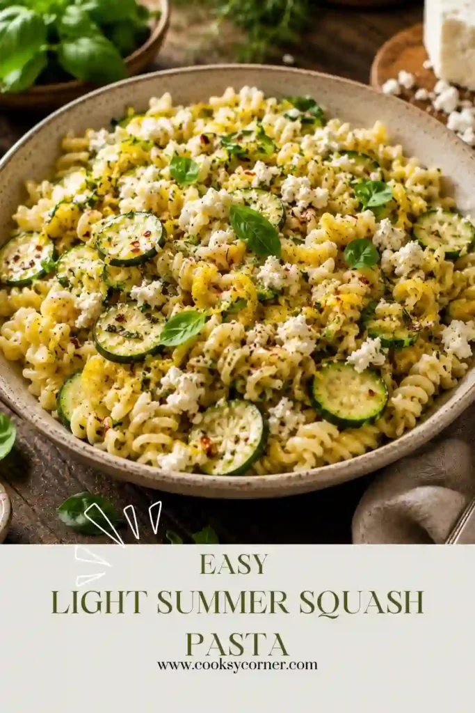 A bowl of Light Summer Squash Pasta topped with fresh basil, Parmesan cheese, and toasted pine nuts. The creamy goat cheese sauce coats tender zucchini and summer squash for a fresh summer meal.