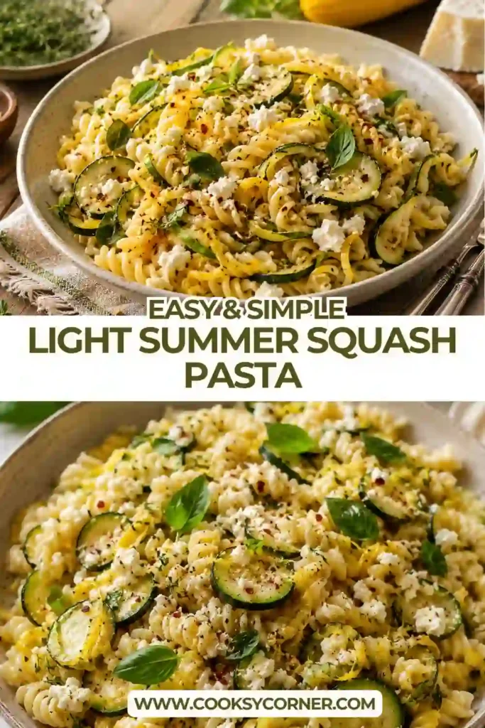 Creamy Light Summer Squash Pasta served with zucchini, yellow squash, basil, and Parmesan cheese. The dish features a bright lemon-infused sauce perfect for summer dinners.