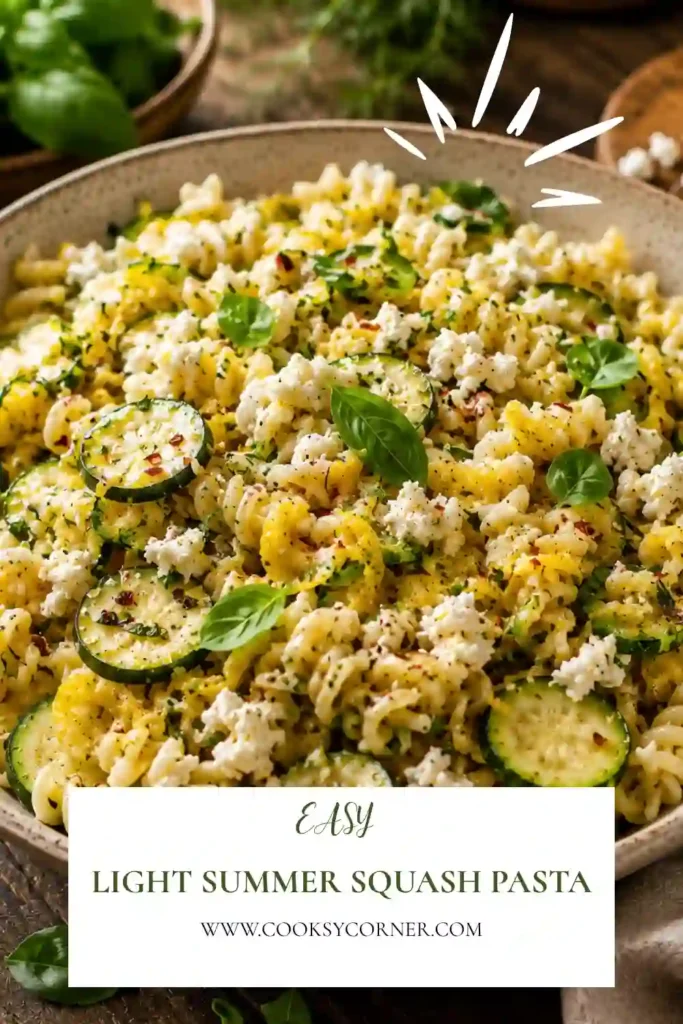 Close-up of Light Summer Squash Pasta garnished with basil chiffonade and toasted pine nuts. Creamy goat cheese and lemon create a silky sauce around seasonal vegetables.
