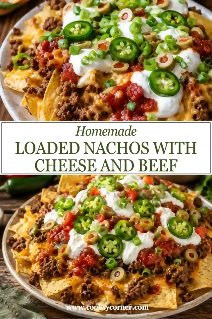 A platter of cheesy beef nachos topped with black olives, jalapeños, and green onions. This easy nachos recipe is ideal for game day gatherings.