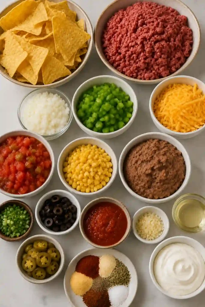 Crispy tortilla chips covered with seasoned beef, melted cheese, and Tex-Mex toppings. A delicious loaded nachos recipe for entertaining.