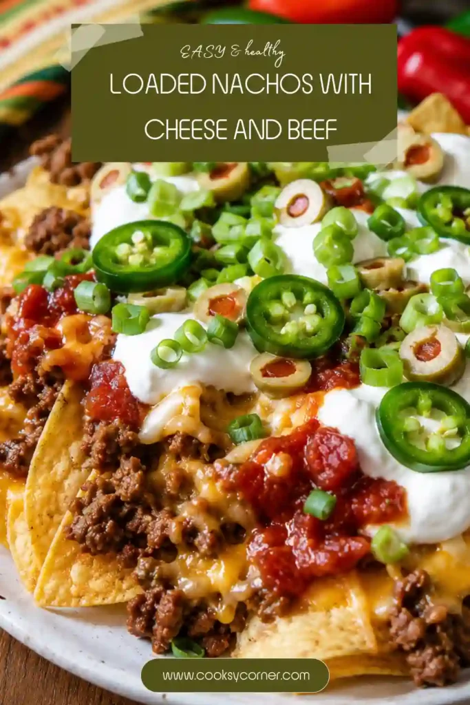 Loaded beef nachos topped with melted cheddar cheese, sour cream, jalapeños, and green onions. A hearty Tex-Mex appetizer perfect for parties.