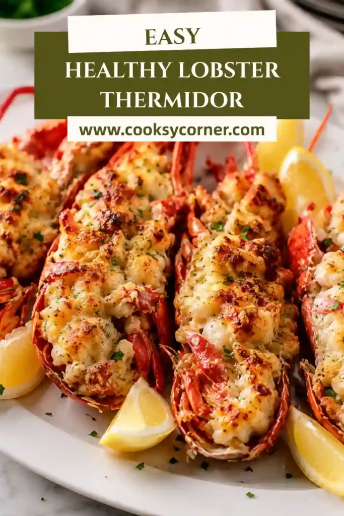 Elegant French Lobster Thermidor presented in roasted lobster shells with bubbling cheese and herbs.