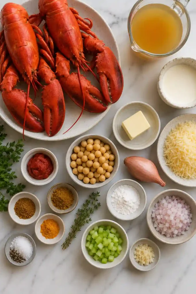 Creamy baked lobster topped with golden cheese and served with fresh lemon for a gourmet seafood dinner.