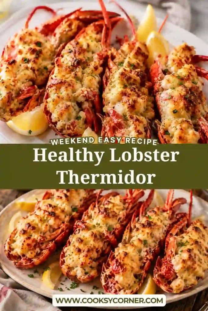 Baked lobster halves filled with creamy Thermidor sauce, topped with melted Gruyère and fresh tarragon.
