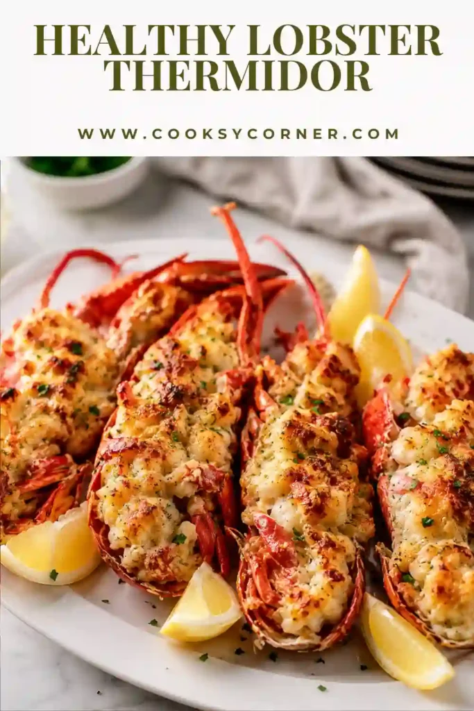 Classic Lobster Thermidor served in lobster shells with creamy Gruyère cheese sauce, golden melted cheese, and fresh lemon wedges.