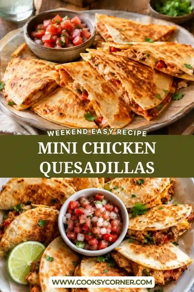 Golden brown Mini Chicken Quesadillas cooked until crispy and served with fresh Mexican-inspired toppings. The cheesy chicken filling makes them perfect for appetizers and snacks.