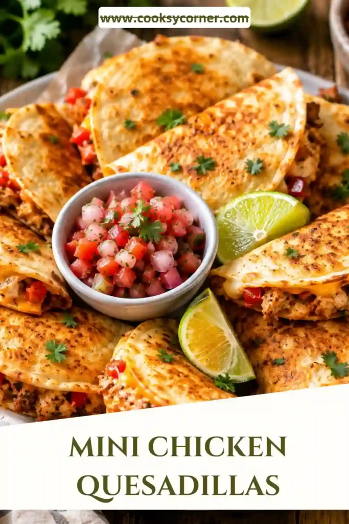 Close-up of Mini Chicken Quesadillas with melted Mexican blend cheese and shredded chicken. A quick and easy appetizer ideal for parties and family gatherings.