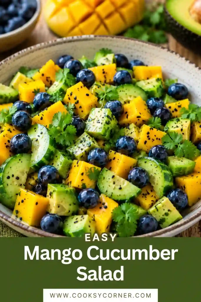 A vibrant Mango Cucumber Salad made with fresh mango cubes, diced cucumber, blueberries, and avocado. The colorful salad is tossed in a light honey-lime dressing and garnished with cilantro.