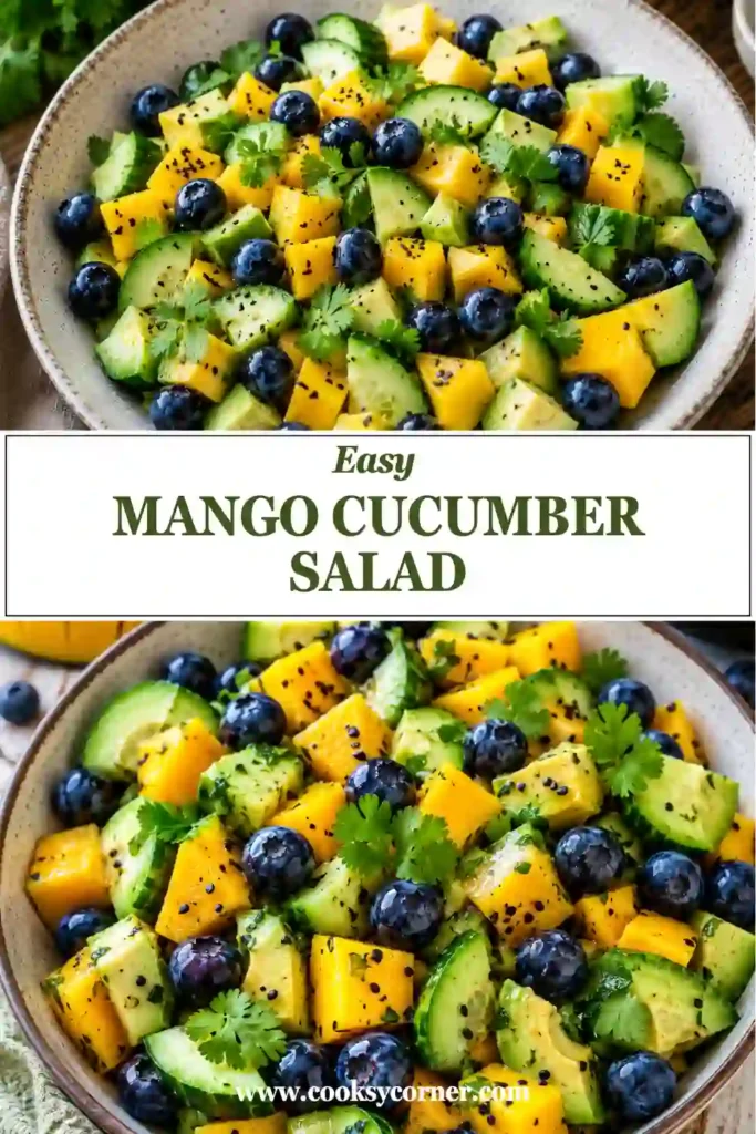 Healthy Mango Cucumber Salad featuring juicy mango, crisp cucumber, ripe avocado, and fresh blueberries. This refreshing summer salad is bright, colorful, and packed with fresh ingredients.
