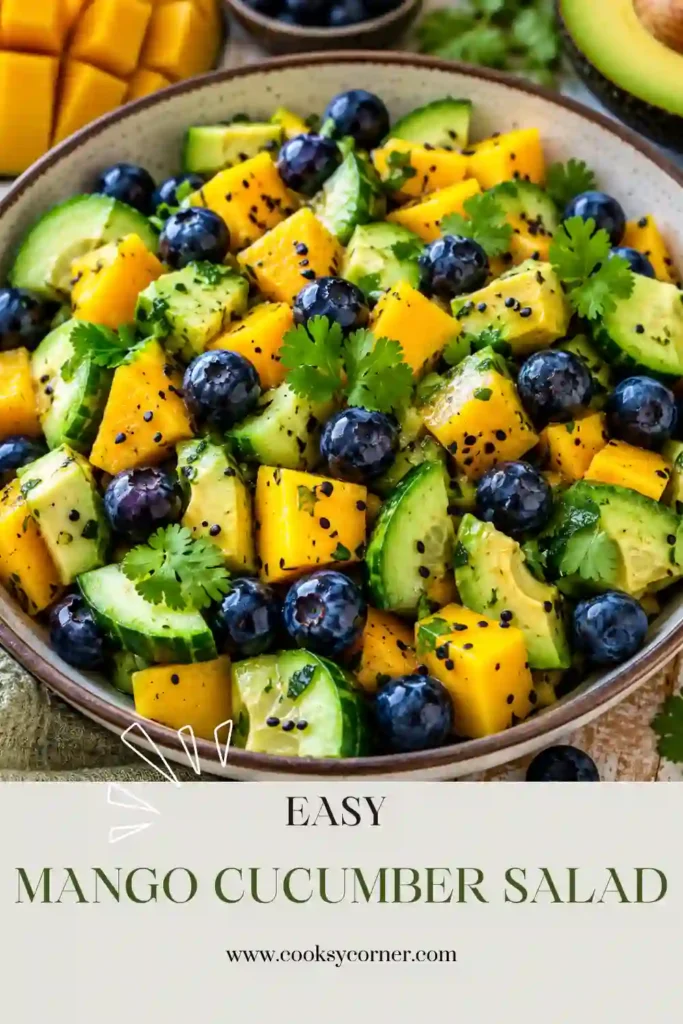 Close-up of a tropical Mango Cucumber Salad with blueberries and avocado in a honey-lime dressing. A fresh and easy fruit salad perfect for warm-weather gatherings.