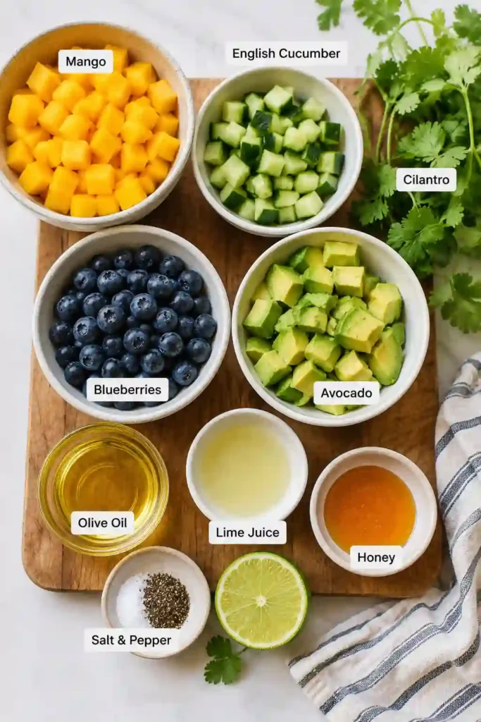 Fresh Mango Cucumber Salad served in a bowl with colorful fruits and vegetables. Sweet mango, crunchy cucumber, and creamy avocado create a refreshing summer side dish.