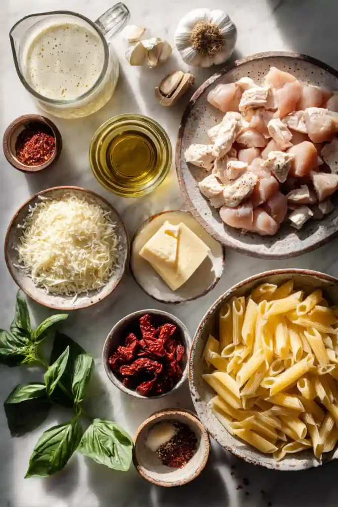 Creamy chicken pasta with penne, basil, and sun-dried tomatoes.