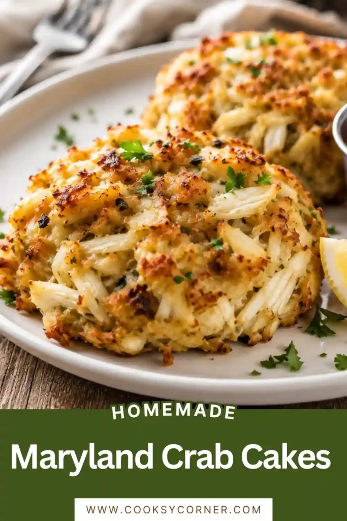 Golden baked Maryland crab cakes made with fresh lump crab meat and minimal filler. Served with lemon wedges for a classic seafood dinner presentation.
