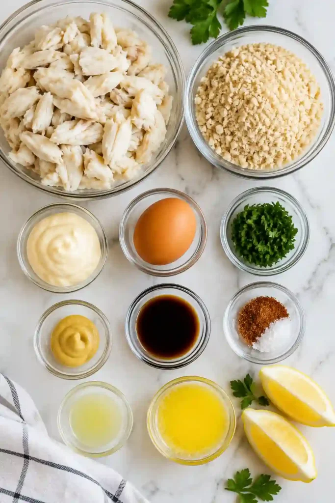 Freshly baked Maryland crab cakes arranged on a serving platter with lemon wedges. A traditional seafood recipe with authentic flavor and minimal filler.