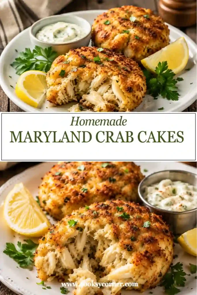 Homemade Maryland Crab Cakes Recipe baked until crisp and golden. A flavorful seafood dish featuring lump crab meat and Old Bay seasoning.